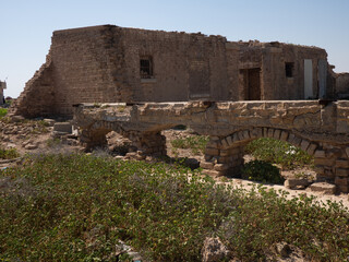 Fototapeta premium Abandoned stone building with bridge and overgrown vegetation