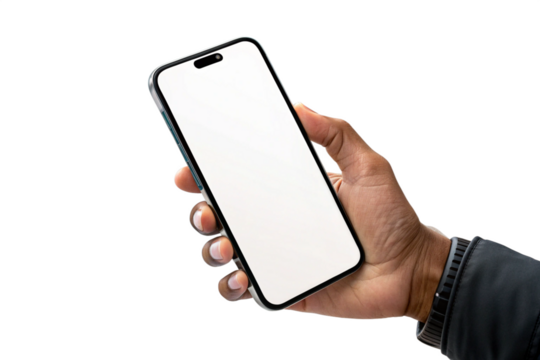 hand holding smart phone with bwhite screen