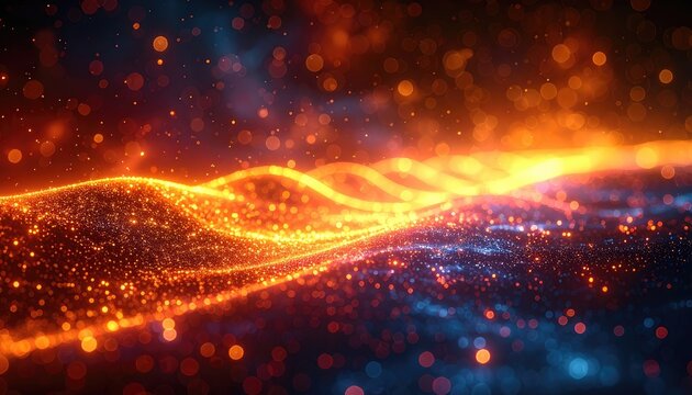 Abstract waves of glowing orange and blue particles, bokeh effect
