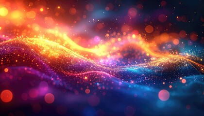 Vibrant, abstract wave of light, with colorful bokeh and cosmic particles