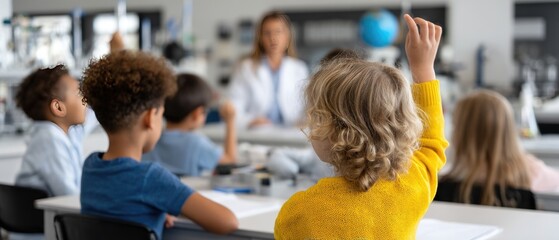 Children engage in science class, eagerly participating and asking questions about experiments in a well-equipped classroom setting