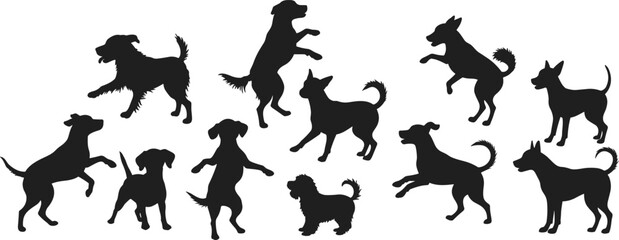 Silhouette group of playful dogs jumping and running together, animal friendship, outdoor fun, pet activity, happy energy, lifestyle concept