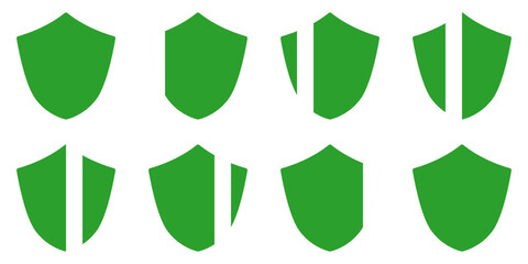 8-Frame Sprite Sheet of Glowing Shiny Green Shield Defence Icon Set for Game or App Animation. Vector Image.