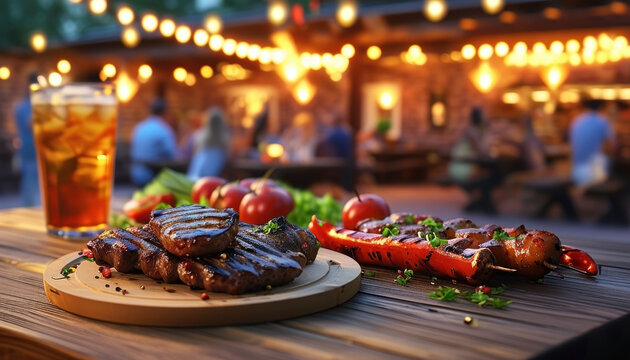 Backyard barbecue gathering with grilled burgers and vegetables for summer cookout - Powered by Adobe