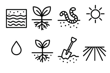 Regenerative Farming Icons. Regenerative Farming linear icon set: soil layers, roots, earthworm, sunbeam, water droplet, plant, shovel, crop rows.