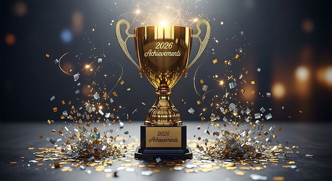 Golden Achievement: A stunning golden trophy radiates brilliance, signifying a year of achievement and the pinnacle of success. Glimmering confetti surrounds the trophy.