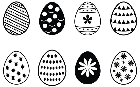 Collation of ester eggs icon set. Spring ester black and white and red egg elements. Contains as egg, decoration, chicken egg, celebration and more.  Easter eggs decorated with black and white color. 