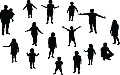 Silhouette group of children and parents standing together, happy family, childhood fun, unity, parenting, teamwork, community, bonding, outdoor illustration