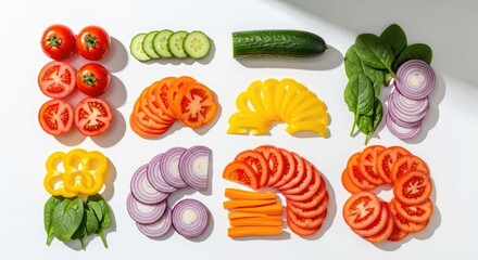 An overhead shot of neatly arranged, sliced vegetables including tomatoes, cucumbers, onions, peppers, carrots, and spinach on a white surface.