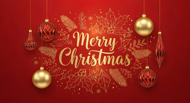 Merry Christmas gold lettering with ornaments on a vibrant red background for festive holiday greetings and seasonal celebrations, creating a magical atmosphere