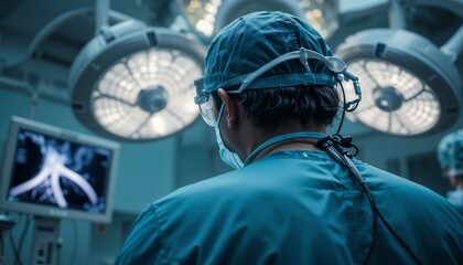 Endovascular procedure in cath lab — surgeon’s back adjusting sheath during carotid stenting