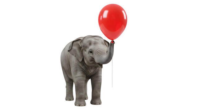 Adorable baby elephant holding a red balloon this cute animal is perfect for childrens illustrations, birthday cards, and cheerful designs