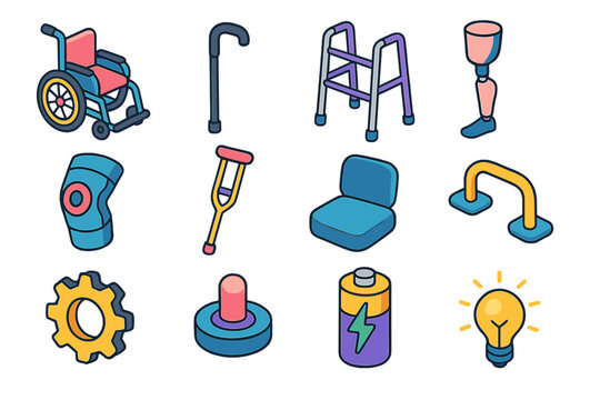 Isometric Assistive Device Icons. Assistive Devices modern flat icons set: wheelchair, cane, walker, prosthetic leg, brace, crutch, seat, handle, gear, button, battery, light.
