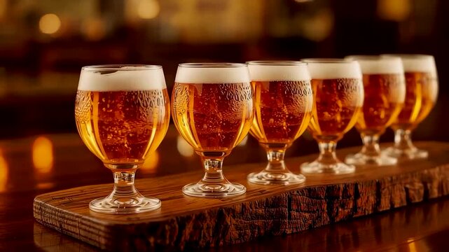 Row of frothy amber craft beers served in elegant tasting glasses on a wooden board under warm bar lighting creating a rich inviting atmosphere
