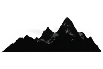 Black mountain range silhouette with snow peaks on transparent background, symbolizing nature, adventure, and challenge