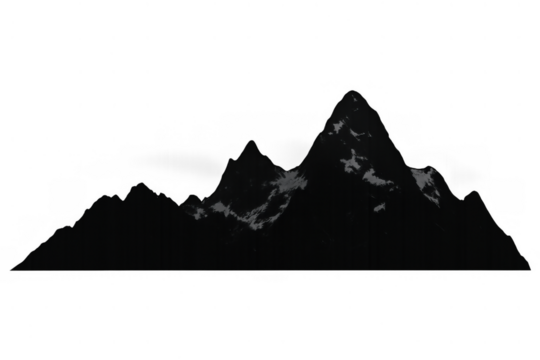 Black mountain range silhouette with snow peaks on transparent background, symbolizing nature, adventure, and challenge