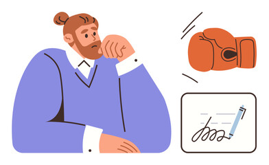 Pensive man rests chin on hand alongside glove and signed document, reflecting conflict resolution, decision-making, negotiation, commitment, business strategy, creativity, simple flat metaphor