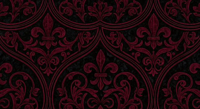 A dark background with a red fleur de lis pattern and ornate swirls and arches in a repeating design