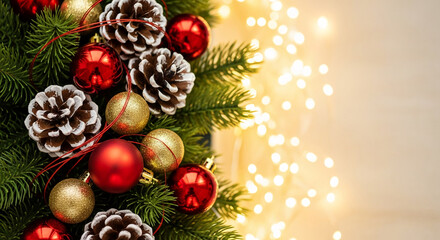 Composition of pine branch, bauble and pinecone against bright bokeh, creating festive and joyous scene, representative of winter celebration