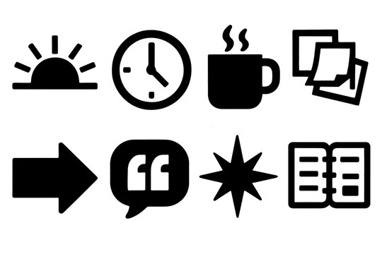 Bold Motivation Icons. Daily Motivation silhouette icon set: sunrise, clock, coffee cup, sticky notes, arrow, quote bubble, spark, planner.