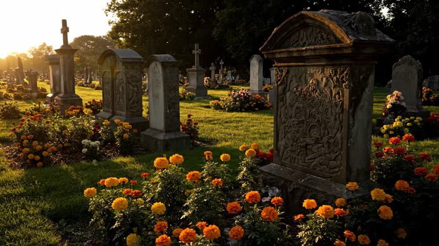 Cemetery with flowers at sunset, headstones in the background.