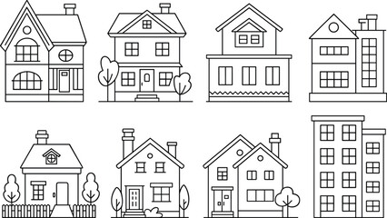 Set of black and white house and building icons featuring cottages, apartments, fences, trees, and diverse residential architecture styles