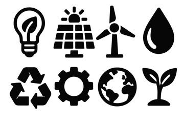 Eco Innovation Icons. Eco Innovation silhouette icon set: lightbulb with leaf, solar panel, wind turbine, water droplet, recycling arrows, gear, earth globe, plant sprout.