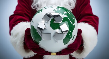 Santa Claus Holding Earth Globe with Large Metal Recycling Symbol