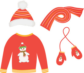 Vector set of winter clothes, consisting of a knitted hat, scarf, mittens and a sweater. Cozy winter clothes, necessary for warmth and being stylish. Design elements of cliparts for winter clothes