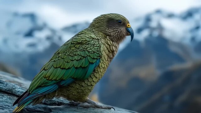 Kea parrot perched on rock with mountain background nature scene