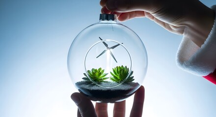 Hand Holding Christmas Ornament Terrarium with Wind Turbine