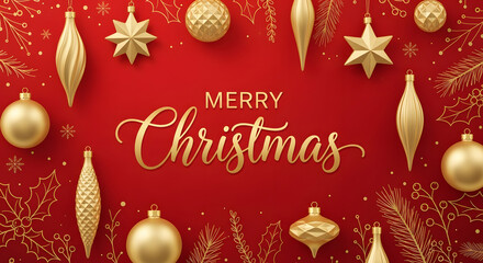 Christmas greetings with shimmering golden ornaments on vibrant red backdrop, perfect for holiday cards and festive marketing campaigns