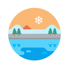 Fototapeta premium Flat design winter landscape with lake and snowflake icon