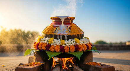 Boiling milk pot ritual at sunrise for Pongal festival, used for cultural greetings and posters