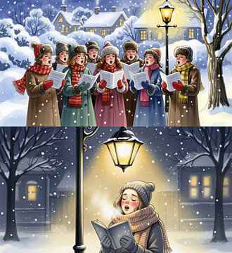 Christmas illustration set of a caroler singing outdoors for festive greeting card and poster design
