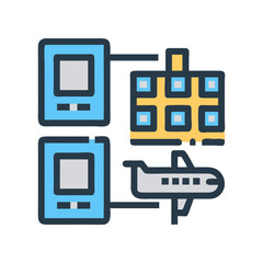 Global trade network illustration with airplane and buildings icons
