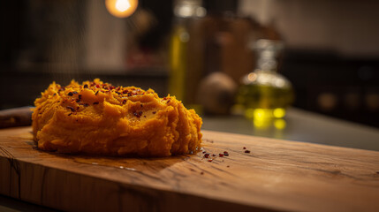 Mashed sweet potato with chili flakes on cutting board