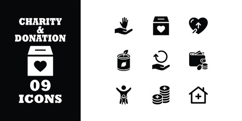 Essential charity and donation icon set perfect for campaigns, nonprofit organizations, fundraising, and community outreach initiatives needing visual aids
