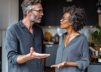 Middle aged mixed race diverse couple having an argument. Conflict, disagreement, crisis. Modern kitchen interior. 