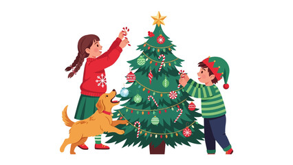 Decorating Christmas Tree: Joyful moments unfold as two children and a playful dog collaborate in adorning the festive Christmas tree with ornaments.