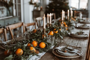 Fototapeta premium Festive Dining Table Decorated With Oranges, Candles, and Greenery for a Cozy Holiday Gathering