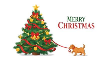 Christmas Tree Cheer: Festive Christmas scene features a decorated tree with a playful puppy and holiday greeting. A heart-warming illustration of holiday joy, happiness, and festive spirit.