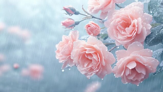 Artistic animation of pink roses in rain, video background for romantic greetings and meditation
