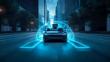 Advanced autonomous car driving through a modern city with glowing blue navigation visuals showcasing smart transportation and seamless mobility
