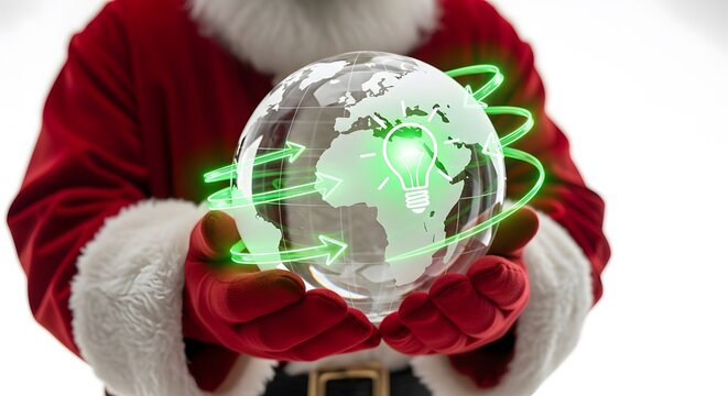 Santa Claus Holding Glass Globe with Green Energy Light Bulb