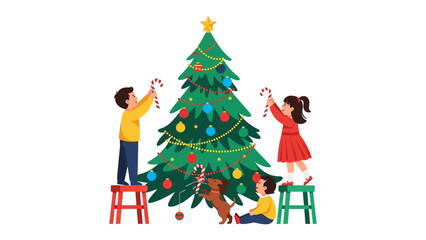 Festive Decoration: Two children and their pet collaborate to decorate Christmas tree with ornament and candy cane creating warm cozy atmosphere