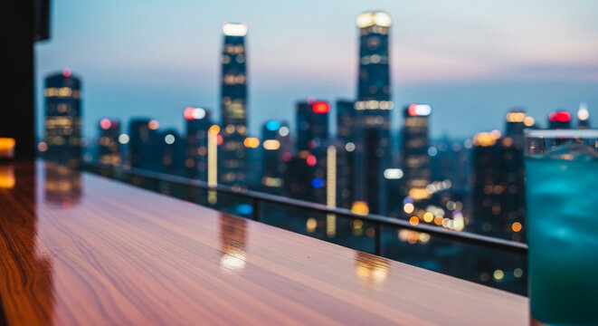Blurred city skyline at dusk with a wooden bar counter and a blue drink, representing urban lifestyle, leisure, relaxation, and modern cityscape - Powered by Adobe