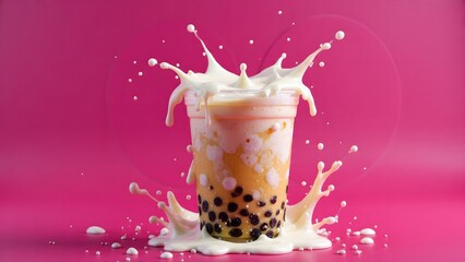 The perfect splash of creamy boba goodness  Pink walls and milky drips make this a showstopper.