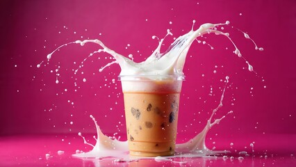 Beyond the sip: A dynamic, high-speed portrait of a classic iced bubble tea, contrasting the rich caramel color with a vibrant pink backdrop.