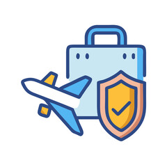 Travel insurance concept icon featuring airplane suitcase and shield